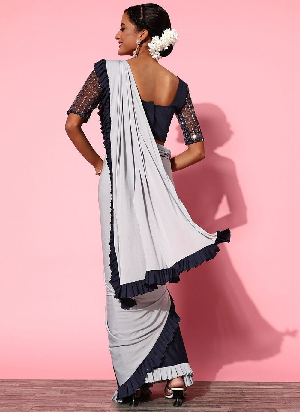 Designer Border Work Fancy Fabric Grey, Navy Blue Saree - S10743