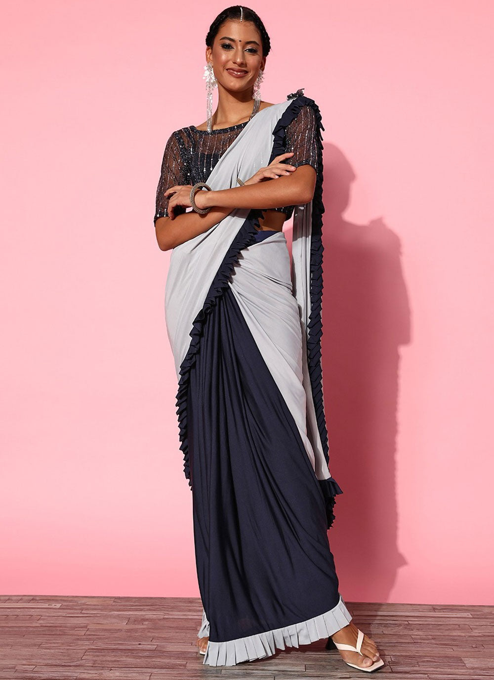 Designer Border Work Fancy Fabric Grey, Navy Blue Saree - S10743