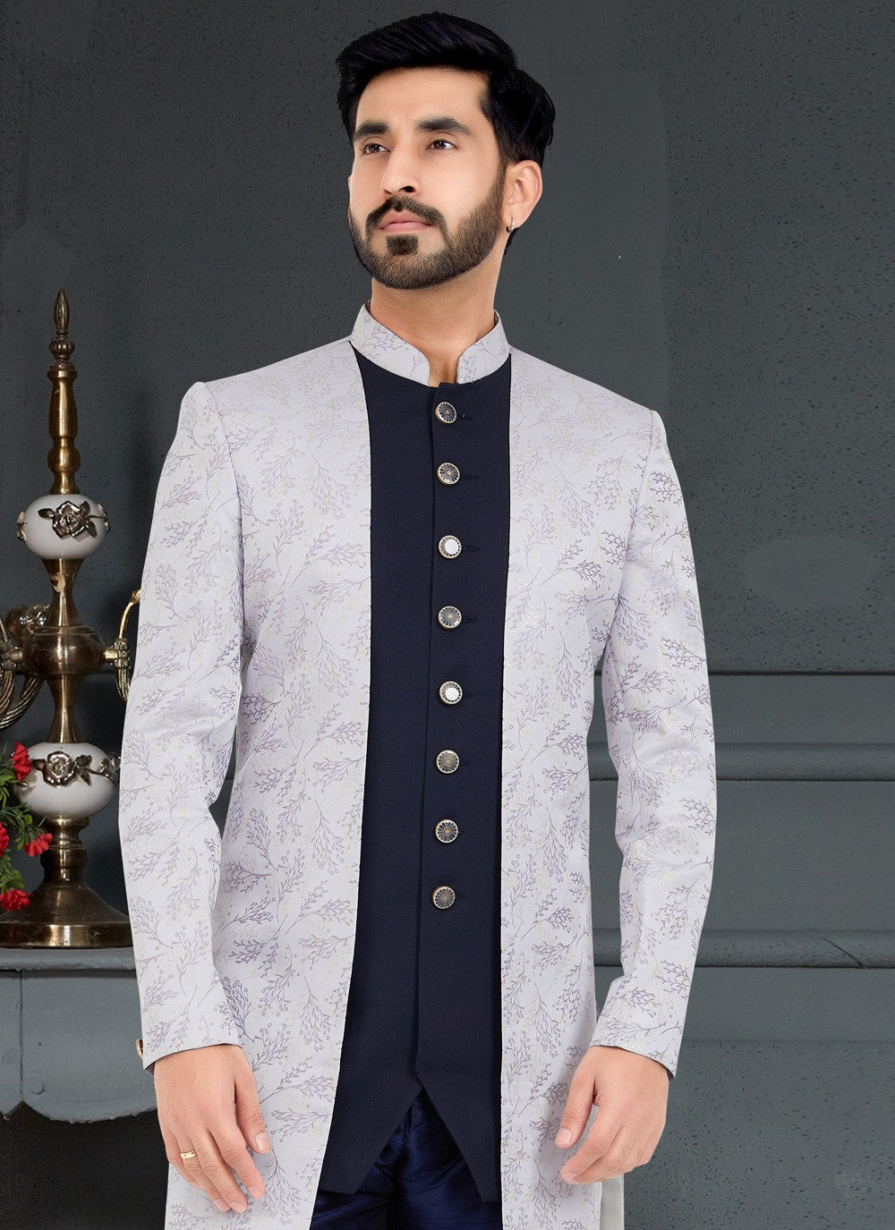 Weaving Zari Jacquard Grey, Navy Blue Indo Western - M5039