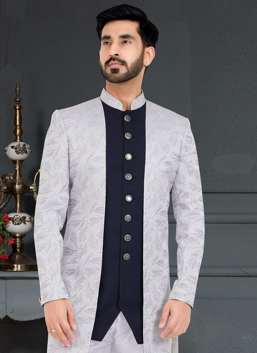 Weaving Zari Jacquard Grey, Navy Blue Indo Western - M5039