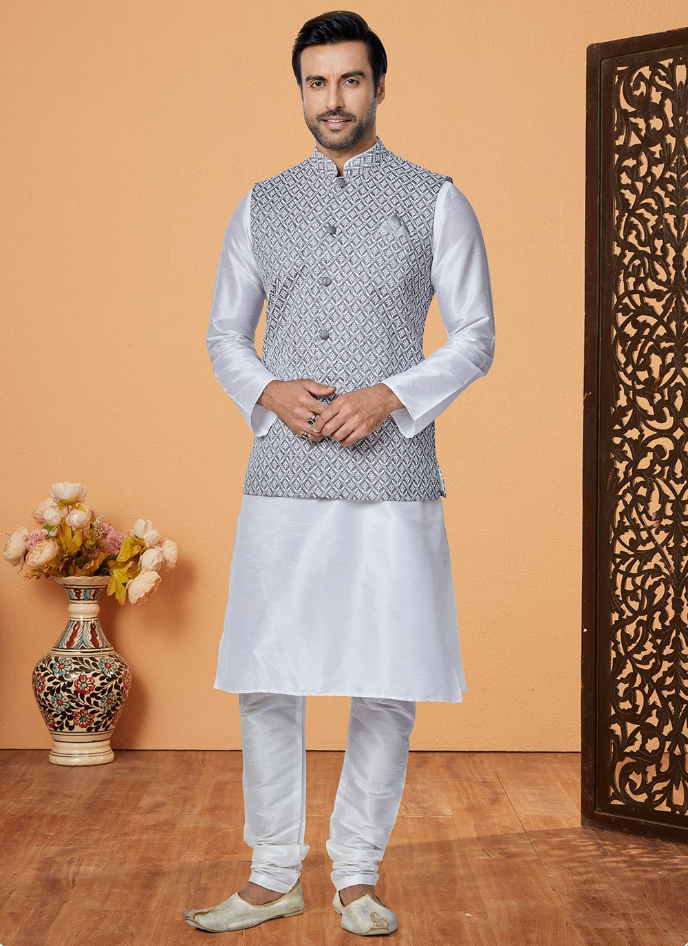 Fancy Work Banarasi Silk Grey, Off White Kurta Payjama With Jacket - M5315