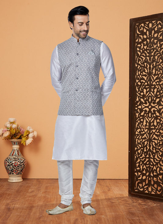 Fancy Work Banarasi Silk Grey, Off White Kurta Payjama With Jacket - M5315