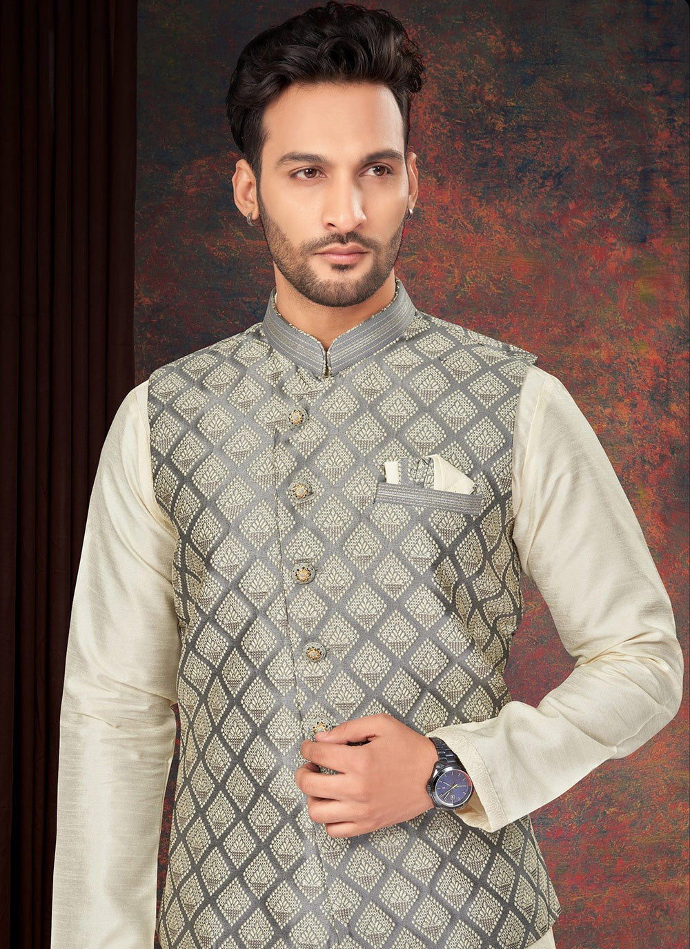 Fancy Work Jacquard Grey, Off White Kurta Payjama With Jacket - M7188