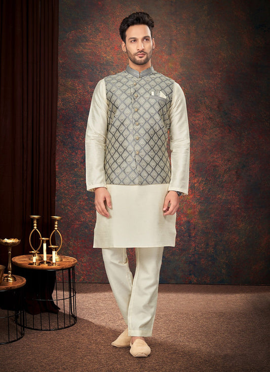 Fancy Work Jacquard Grey, Off White Kurta Payjama With Jacket - M7188