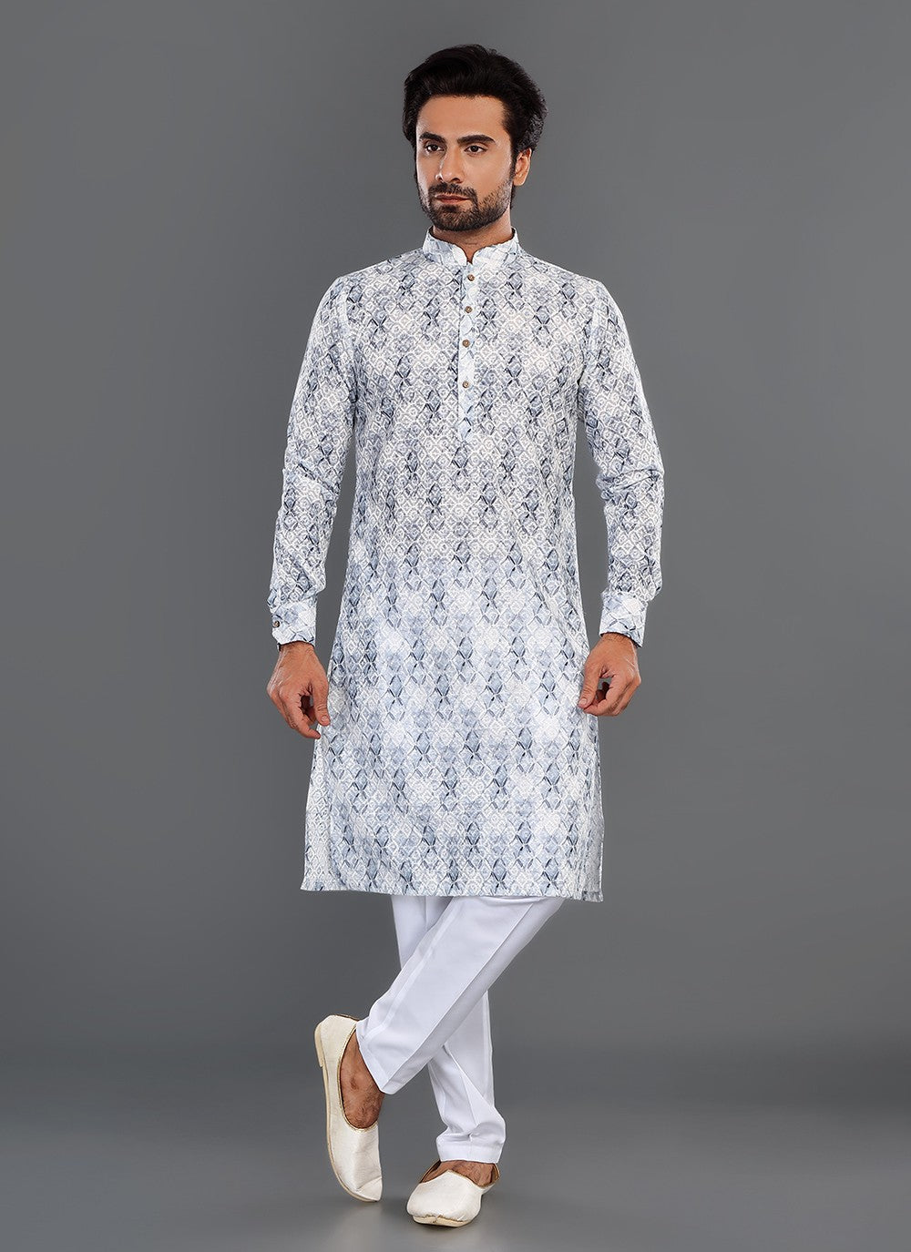 Printed Cotton Grey, Off White Kurta Pyjama - M8080