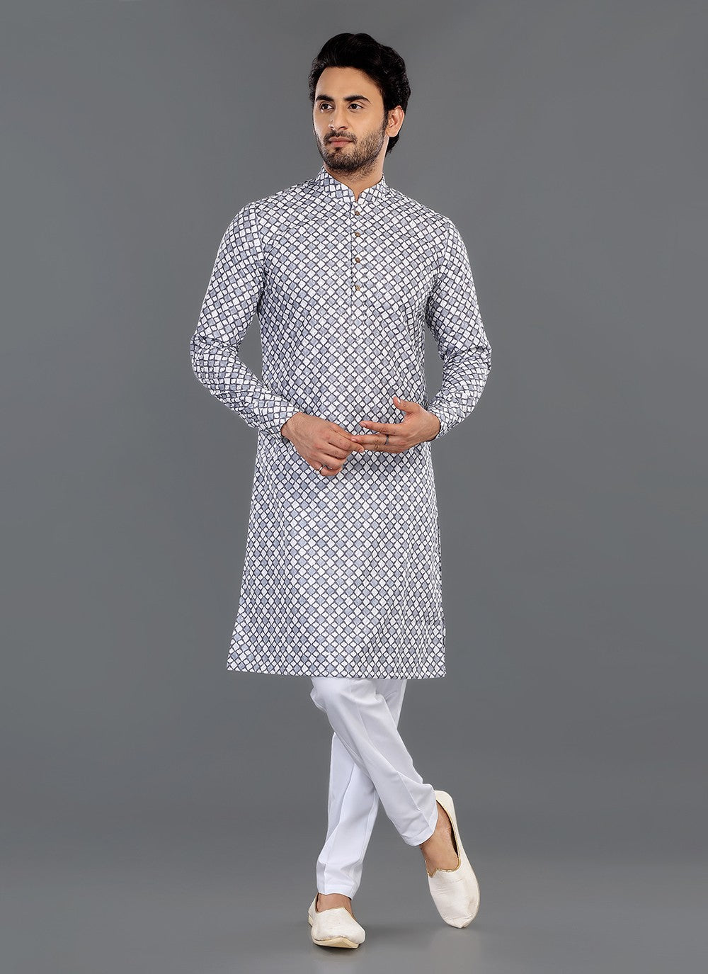 Printed Cotton Grey, Off White Kurta Pyjama - M8062