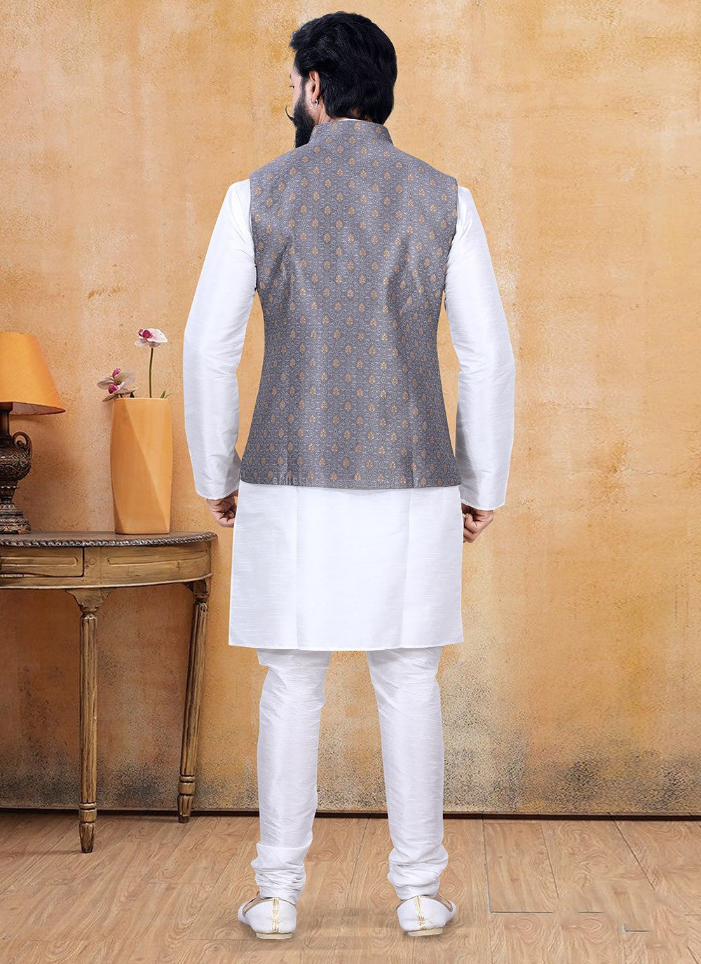 Fancy Work Jacquard Grey, Off White Kurta Payjama With Jacket - M3363