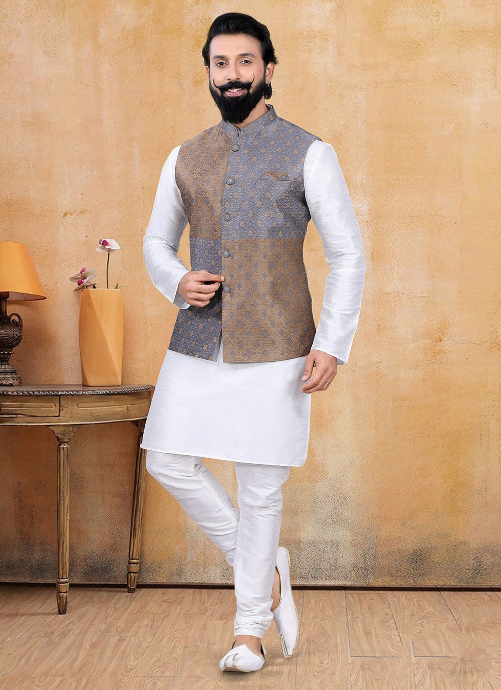 Fancy Work Jacquard Grey, Off White Kurta Payjama With Jacket - M3363