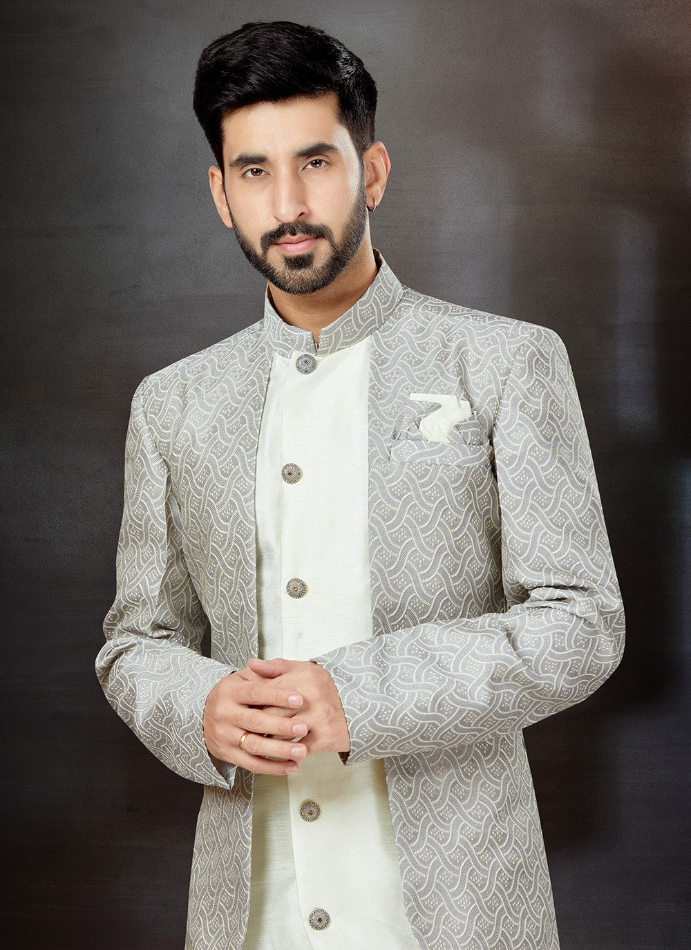 Embroidered Dupion Silk, Jacquard Grey, Off White Indo Western Sherwani - M4805