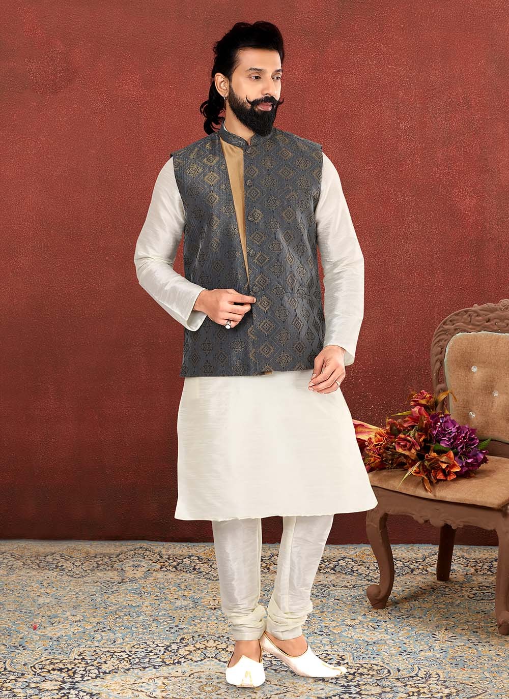 Jacquard Work Jacquard Silk Grey, Off White Kurta Payjama With Jacket - M2569