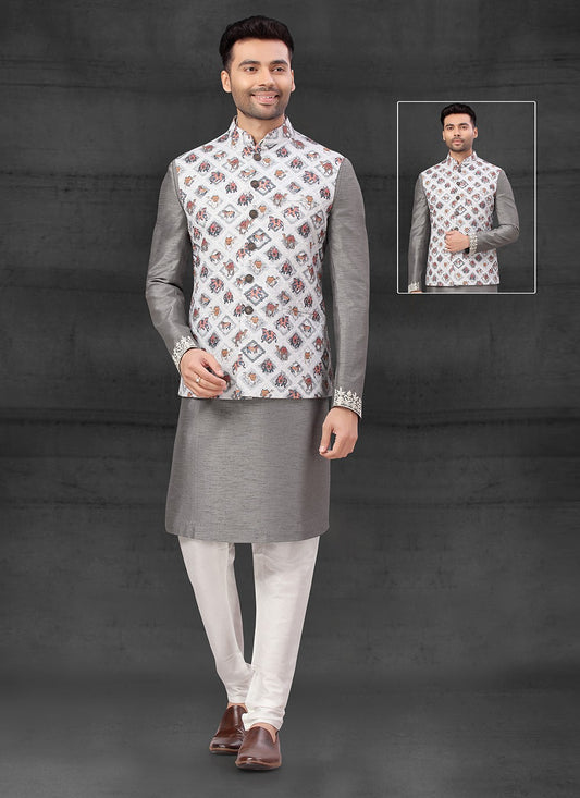 Thread Silk Grey, Off White Kurta Payjama With Jacket - M4086