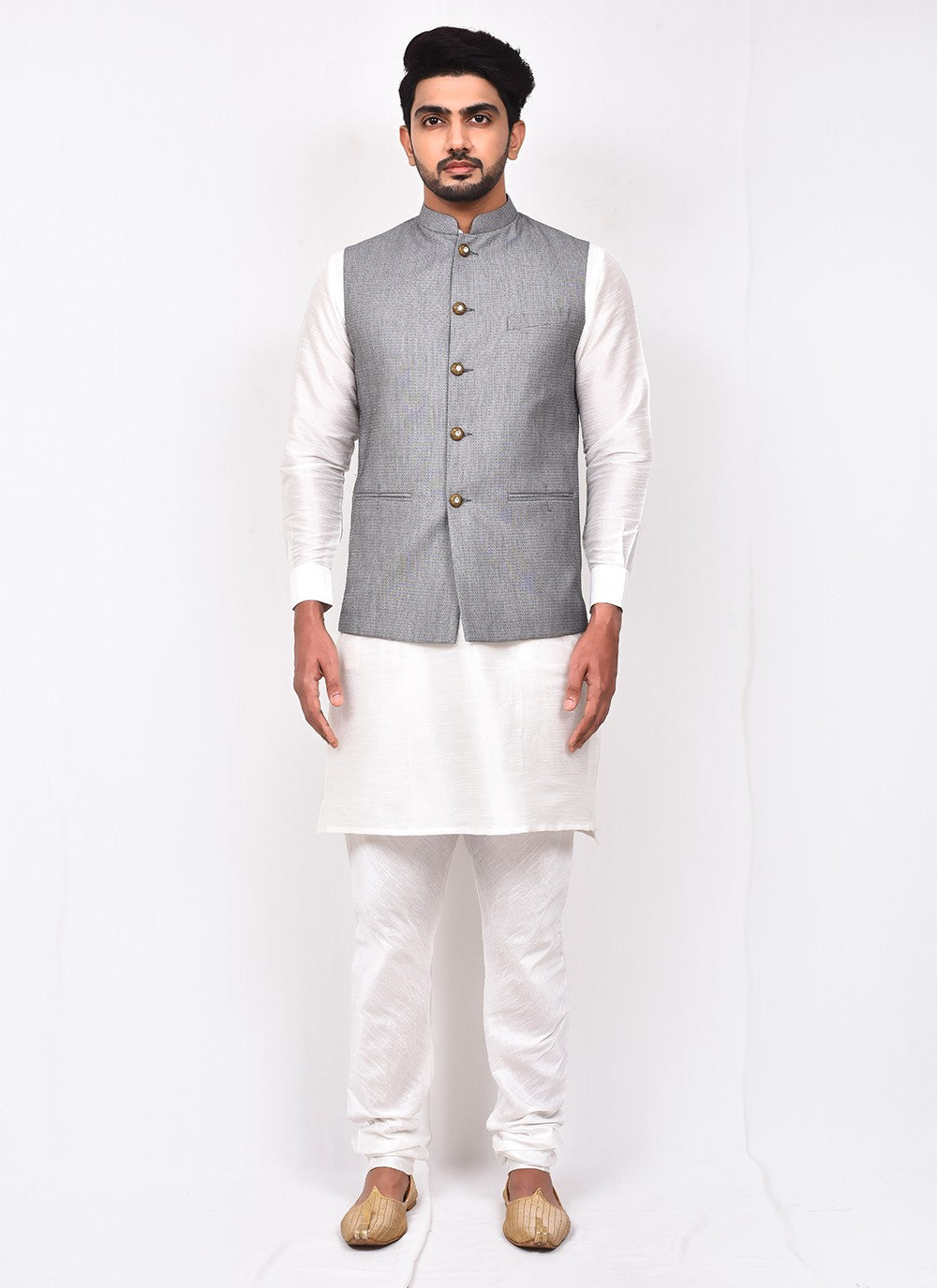 Buttons Art Silk, Cotton Grey, White Kurta Payjama With Jacket - M3269