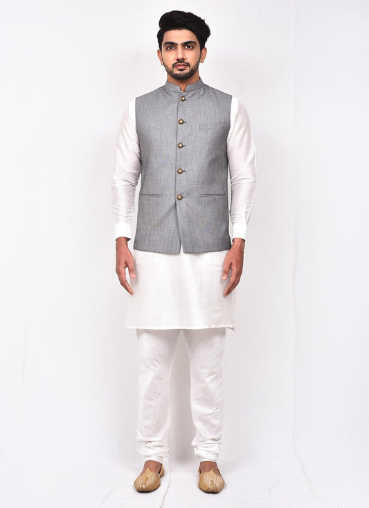 Buttons Art Silk, Cotton Grey, White Kurta Payjama With Jacket - M3269