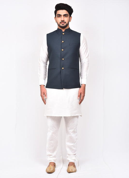 Buttons Art Silk, Rayon Grey, White Kurta Payjama With Jacket - M3271