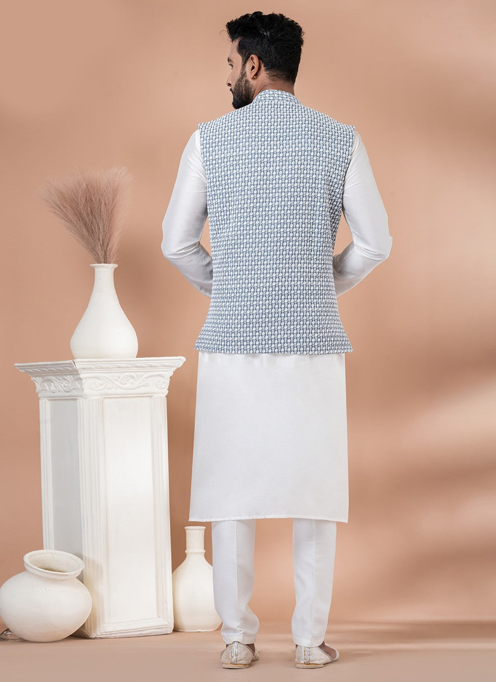 Embroidered Georgette, Viscose Grey, White Kurta Payjama With Jacket - M7739