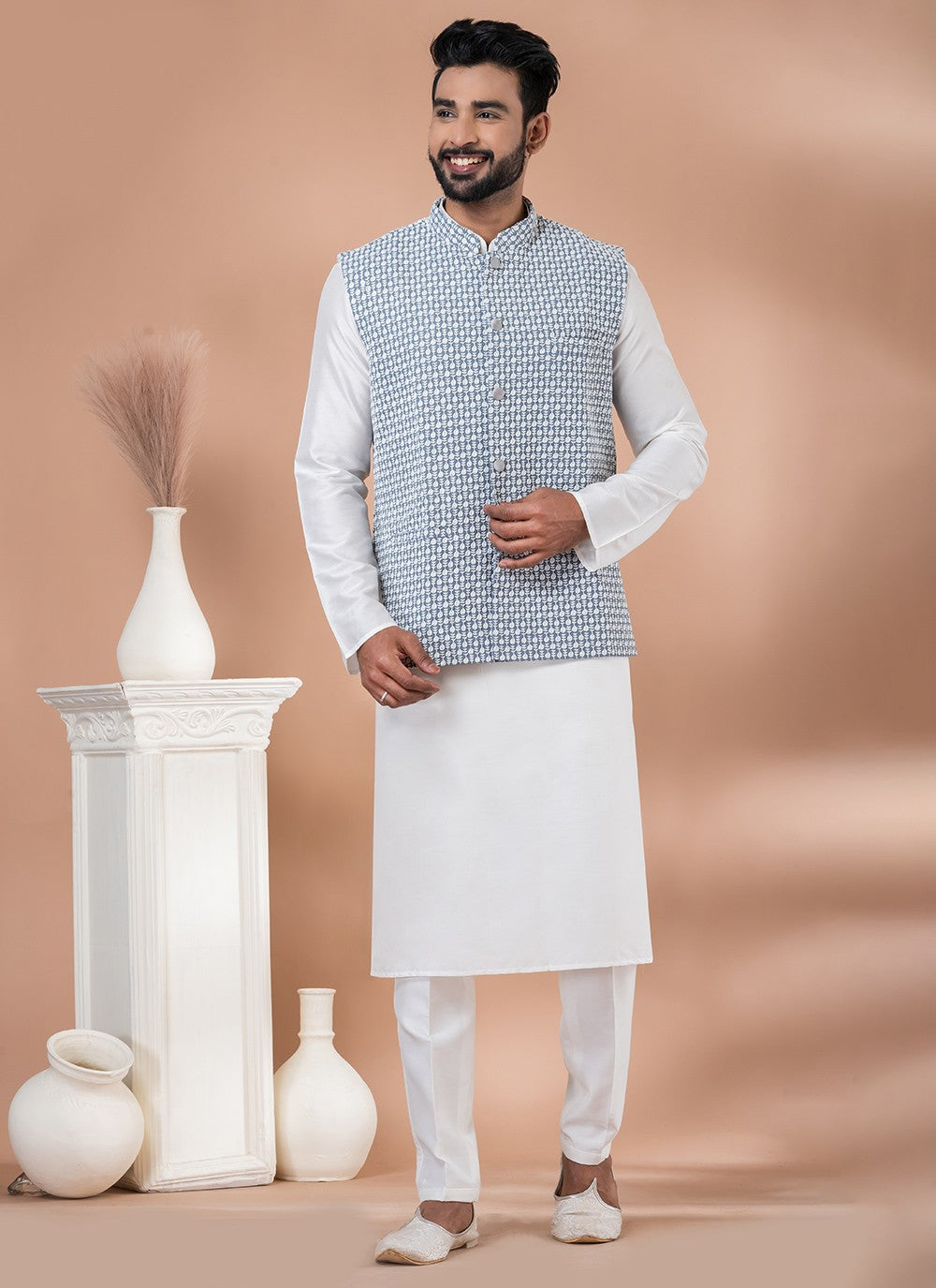 Embroidered Georgette, Viscose Grey, White Kurta Payjama With Jacket - M7739