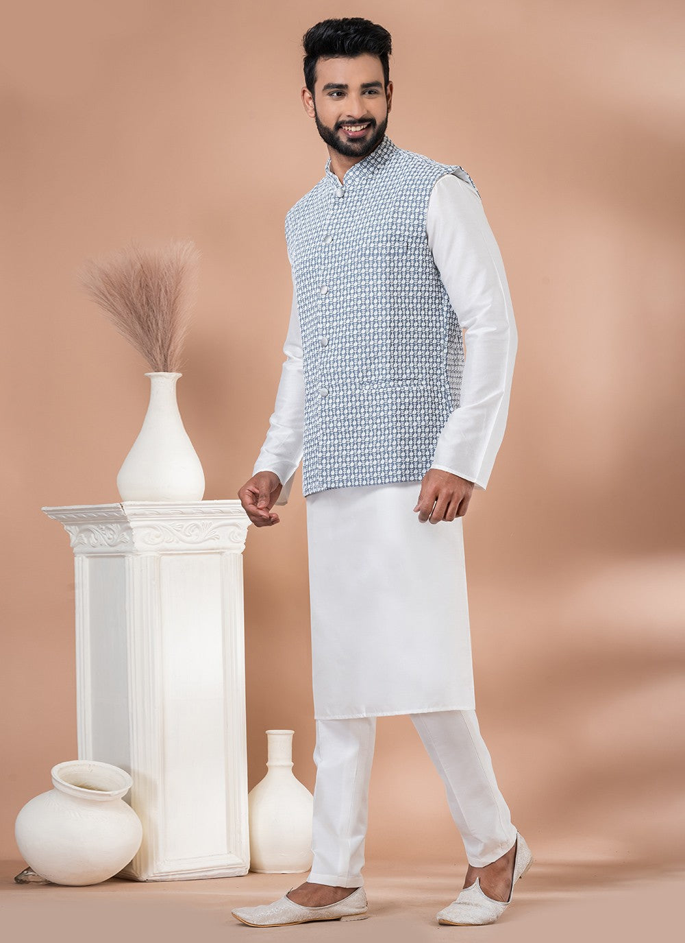 Embroidered Georgette, Viscose Grey, White Kurta Payjama With Jacket - M7739