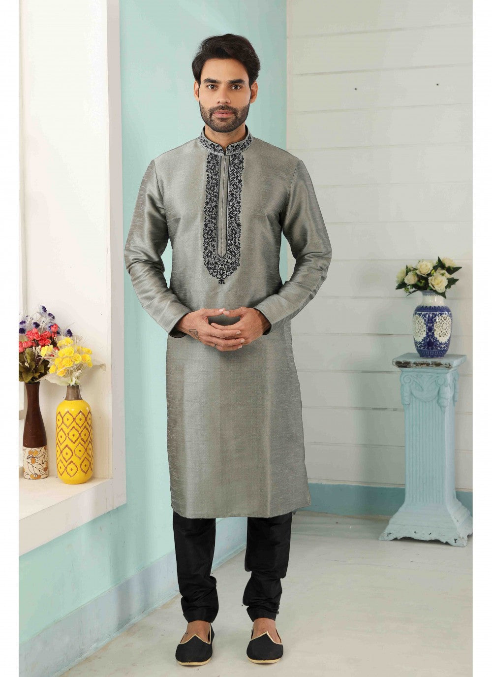 Embroidered Banarasi Silk Grey Kurta Pyjama - M1801