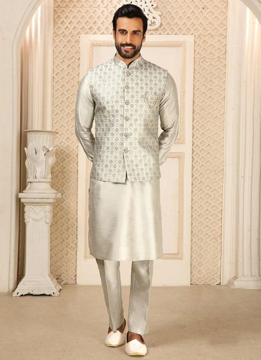 Embroidered Banarasi Silk Grey Kurta Payjama With Jacket - M4264