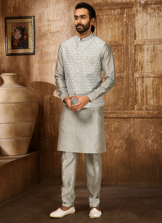 Embroidered Banarasi Silk Grey Kurta Payjama With Jacket - M4265