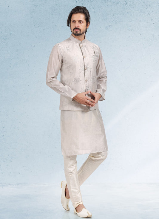 Thread Banarasi Silk Grey Kurta Payjama With Jacket - M4615