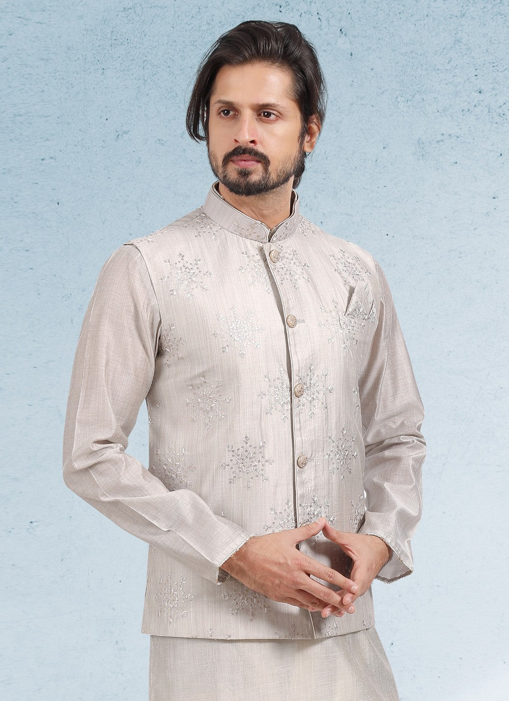 Thread Banarasi Silk Grey Kurta Payjama With Jacket - M4615