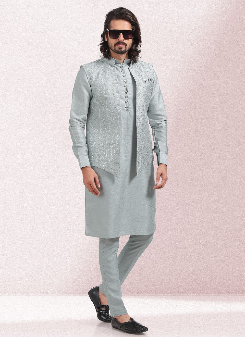 Embroidered Banarasi Silk Grey Kurta Payjama With Jacket - M5134