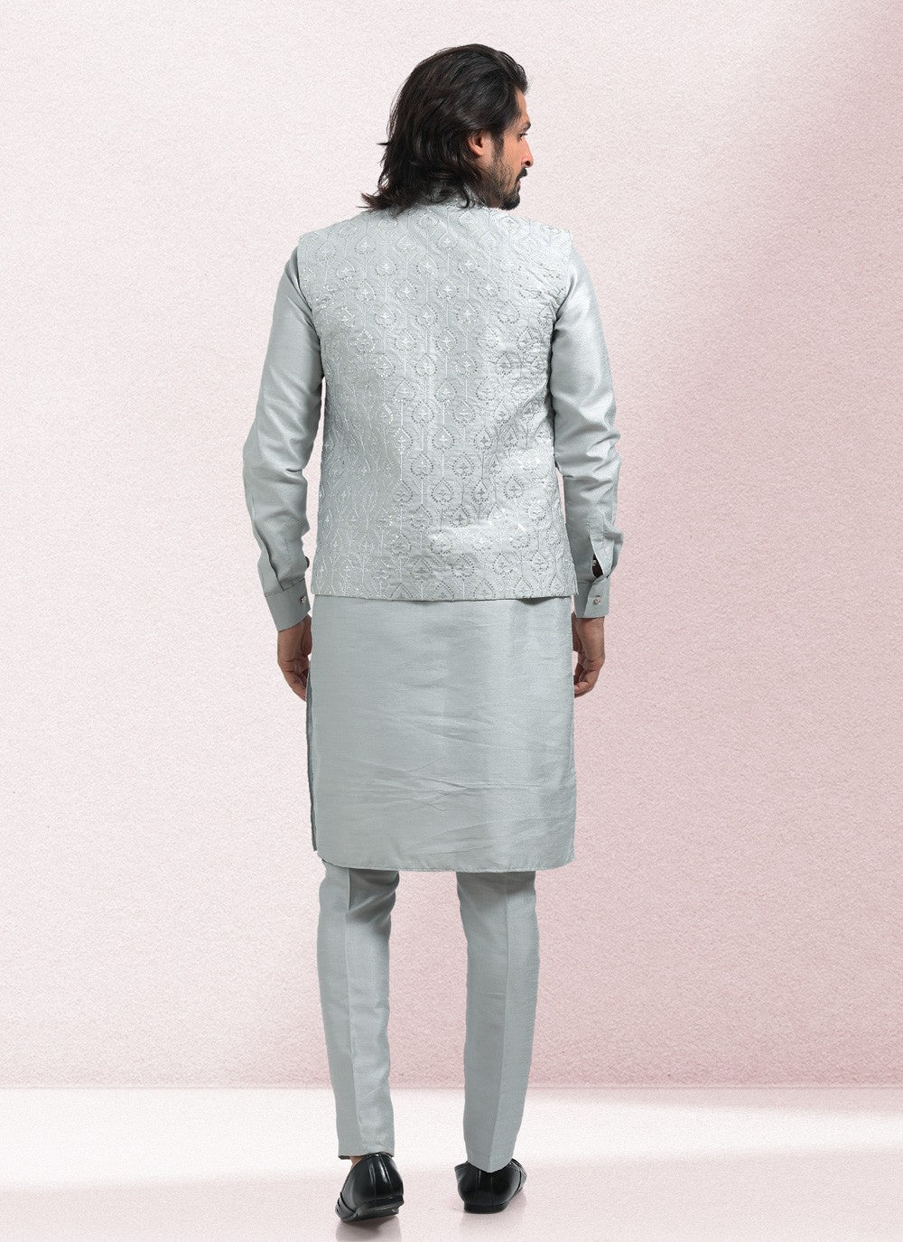 Embroidered Banarasi Silk Grey Kurta Payjama With Jacket - M5134