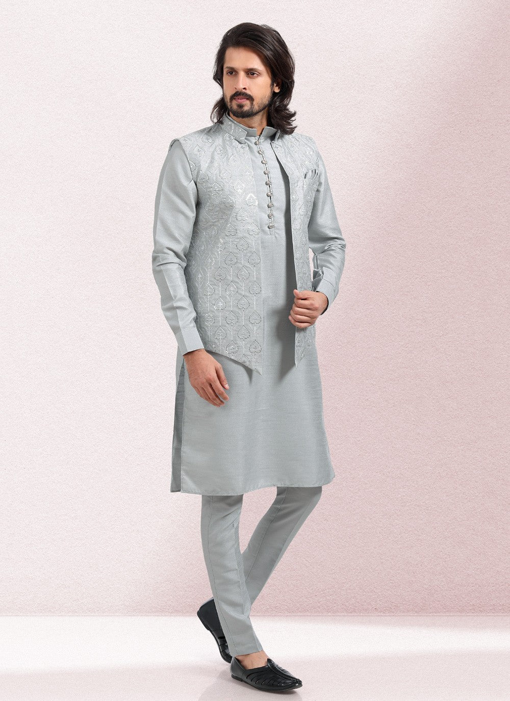 Embroidered Banarasi Silk Grey Kurta Payjama With Jacket - M5134