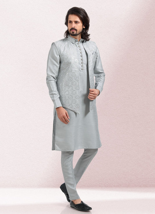 Embroidered Banarasi Silk Grey Kurta Payjama With Jacket - M5134