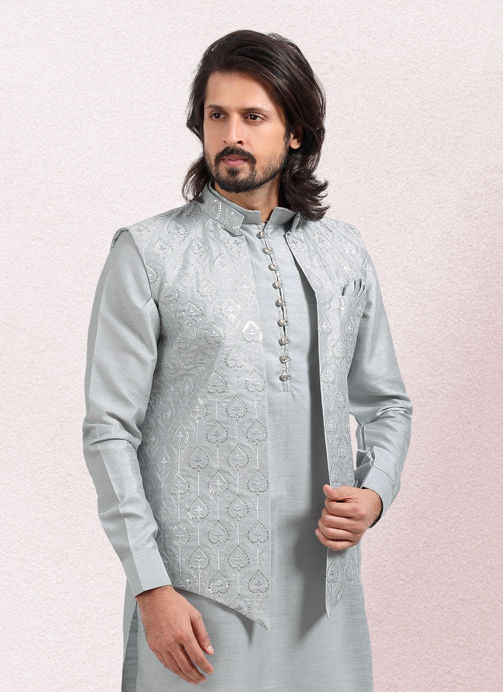 Embroidered Banarasi Silk Grey Kurta Payjama With Jacket - M5134