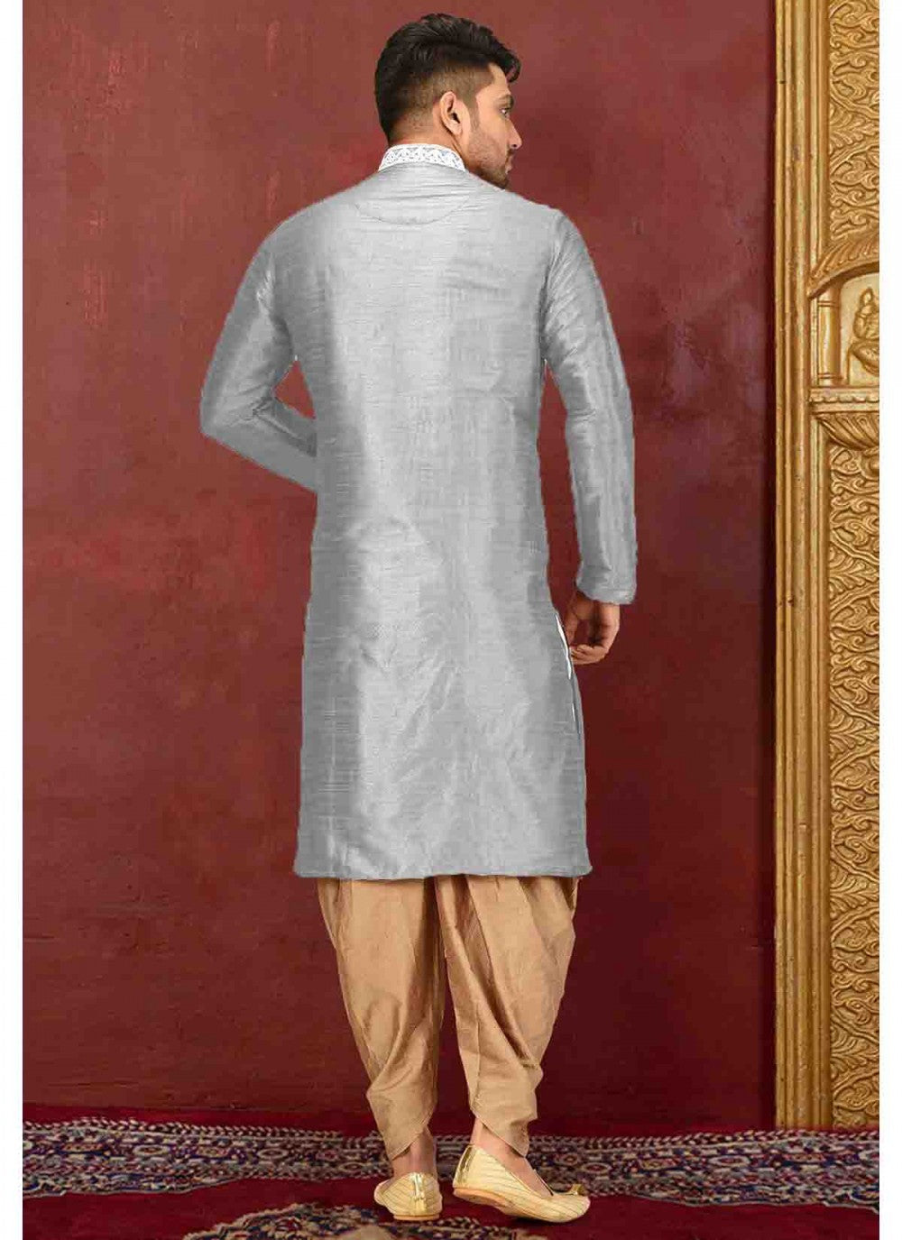 Embroidered Art Dupion Silk Grey Kurta Pyjama - M1585