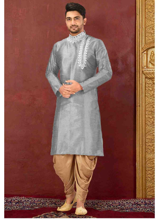 Embroidered Art Dupion Silk Grey Kurta Pyjama - M1585