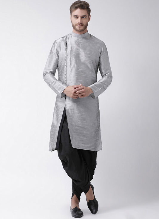 Plain Art Dupion Silk Grey Kurta Pyjama - M1216