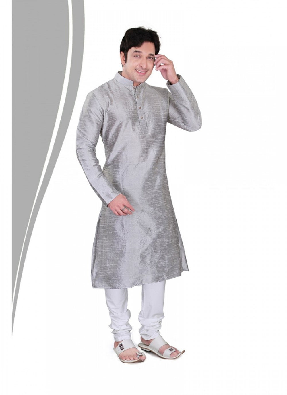 Plain Art Dupion Silk Grey Kurta Pyjama - M1305