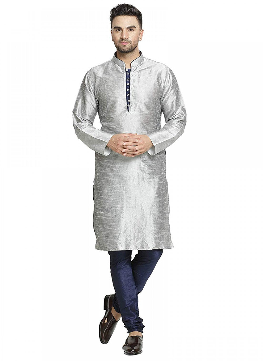 Plain Art Dupion Silk Grey Kurta Pyjama - M1306