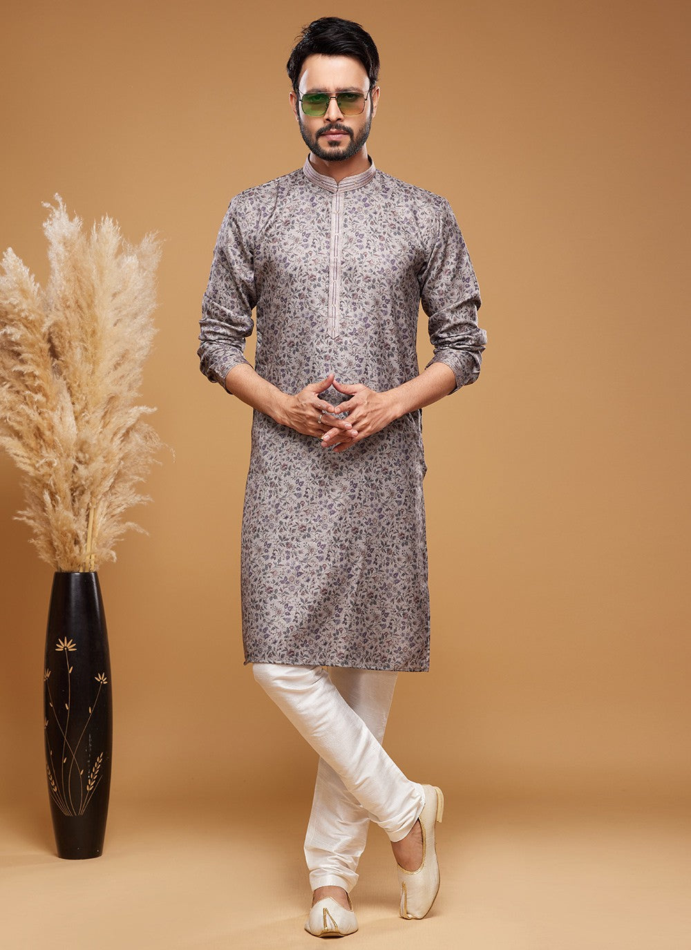 Digital Print Art Silk Grey Kurta Pyjama - M6041