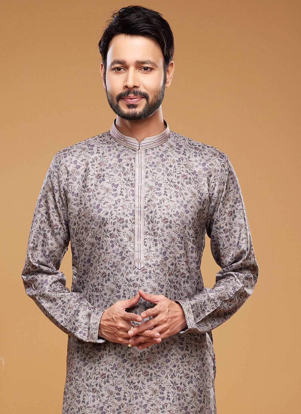 Digital Print Art Silk Grey Kurta Pyjama - M6041