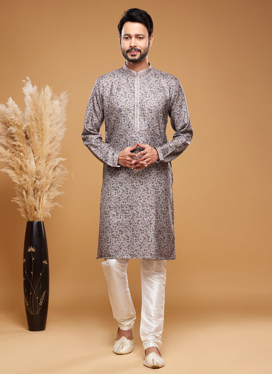 Digital Print Art Silk Grey Kurta Pyjama - M6041