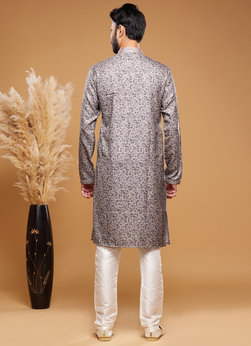 Digital Print Art Silk Grey Kurta Pyjama - M6041