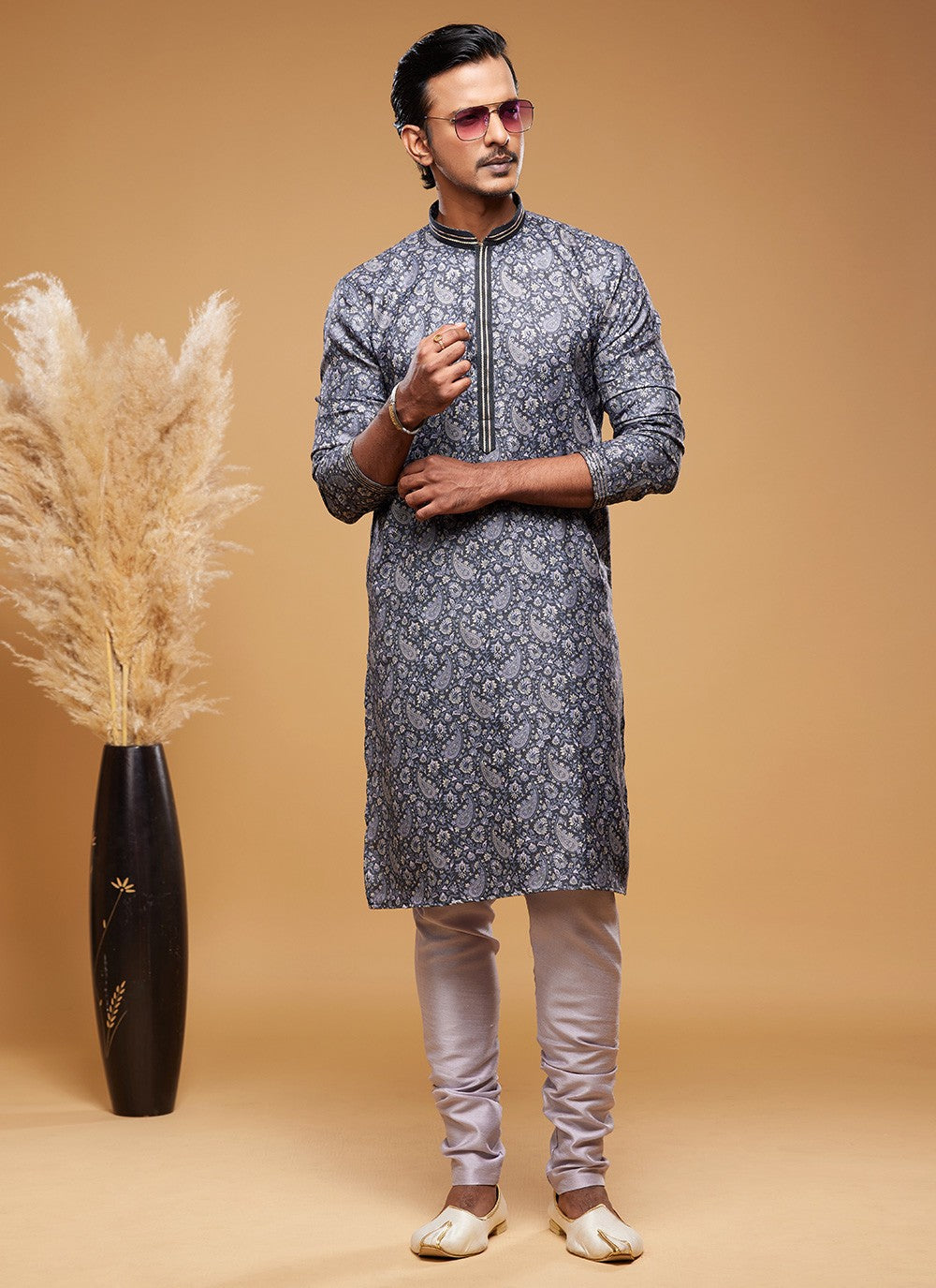 Digital Print Art Silk Grey Kurta Pyjama - M6027