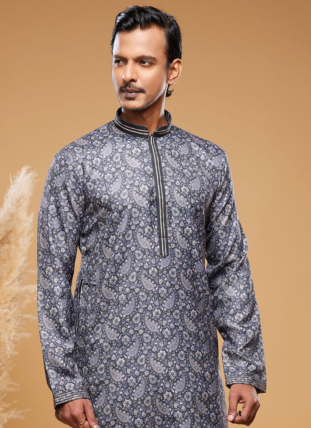 Digital Print Art Silk Grey Kurta Pyjama - M6027