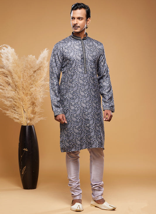 Digital Print Art Silk Grey Kurta Pyjama - M6027