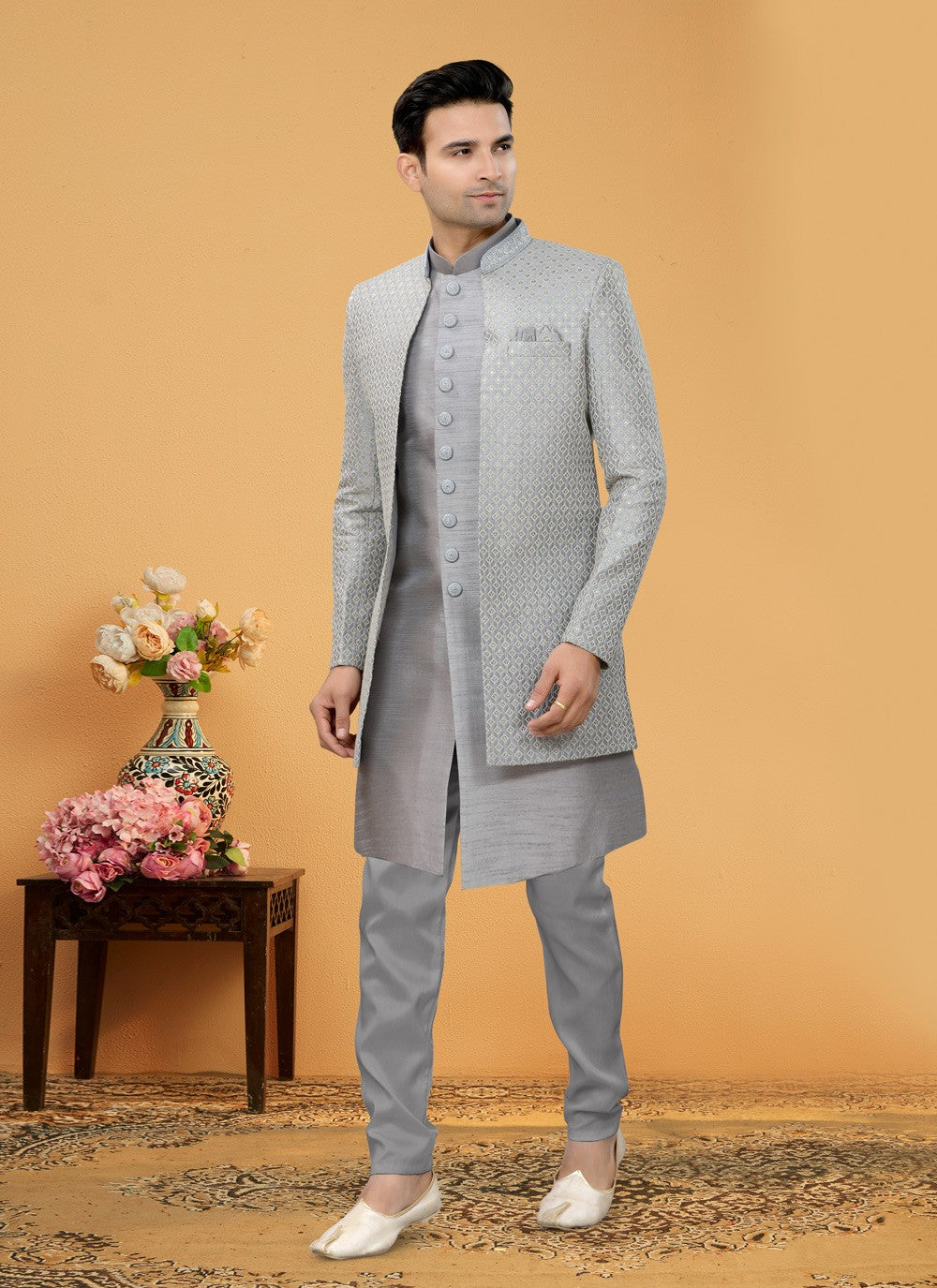 Hand Embroidery Art Silk Grey Indo Western Sherwani - M5110