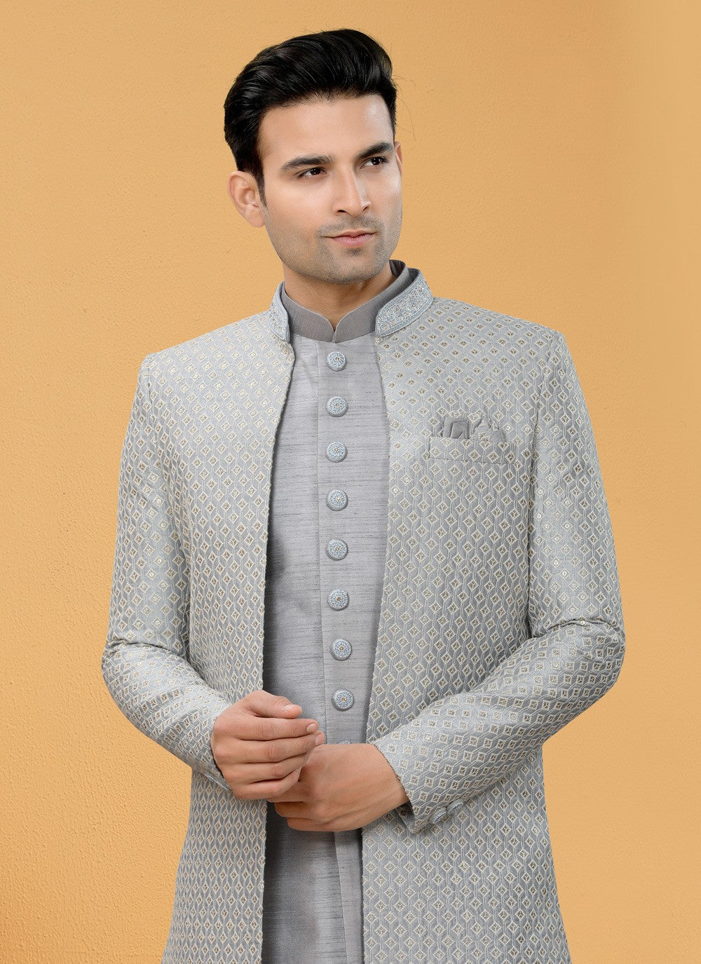 Hand Embroidery Art Silk Grey Indo Western Sherwani - M5110