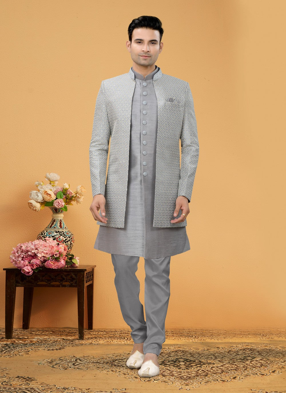 Hand Embroidery Art Silk Grey Indo Western Sherwani - M5110