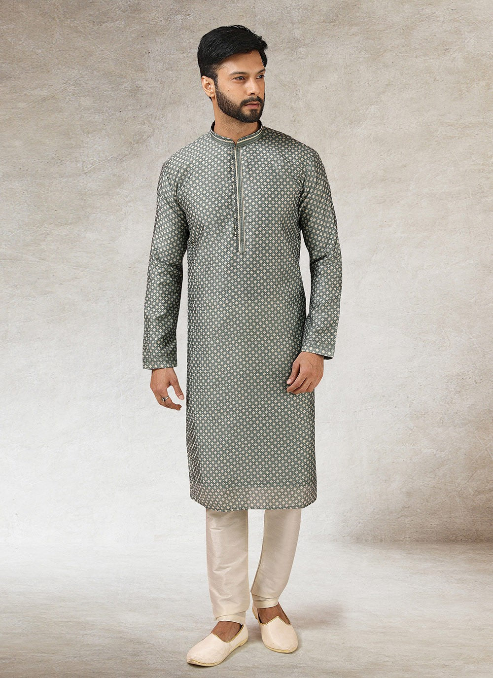 Printed Art Silk Grey Kurta Pyjama - M2844