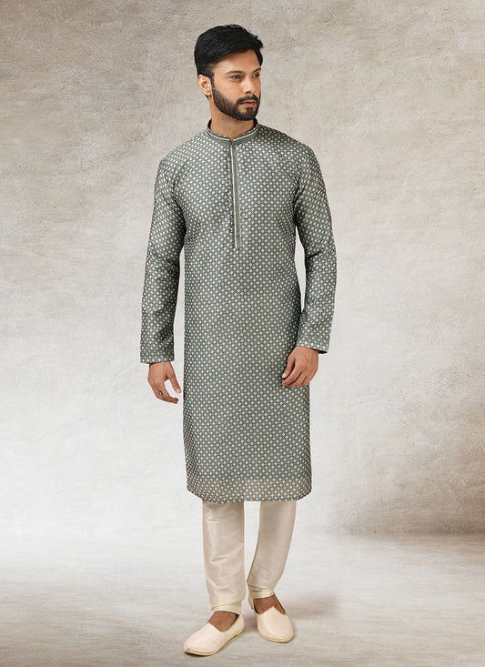 Printed Art Silk Grey Kurta Pyjama - M2844