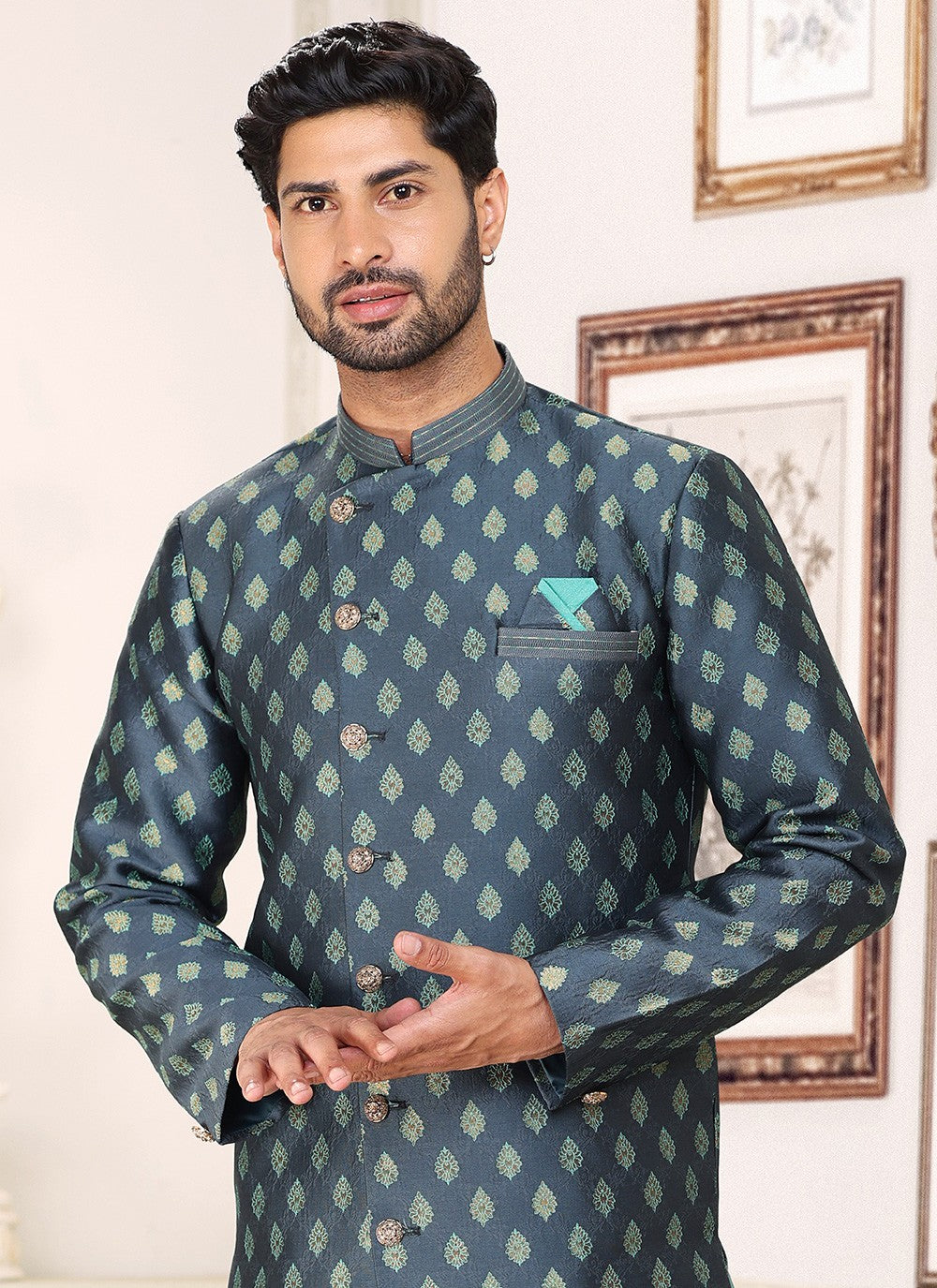 Fancy Work Banarasi Jacquard Grey Indo Western - M5211