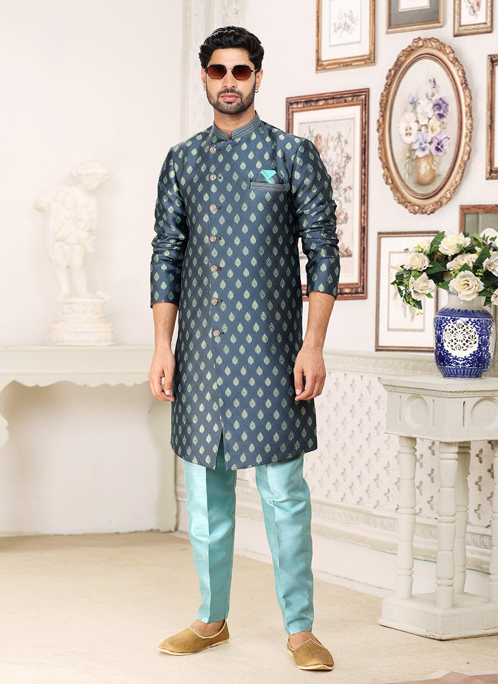 Fancy Work Banarasi Jacquard Grey Indo Western - M5211